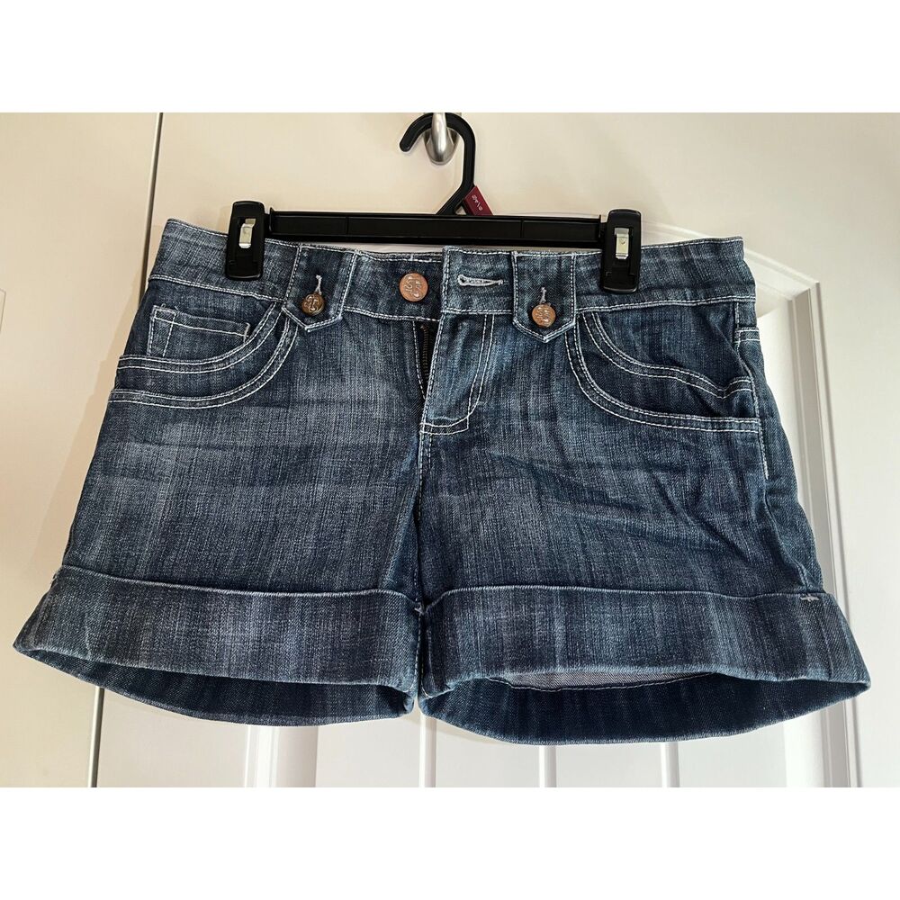 See Thru Soul Denim Shorts Size 28 Embroidered Pocket Dark Wash Cuffed